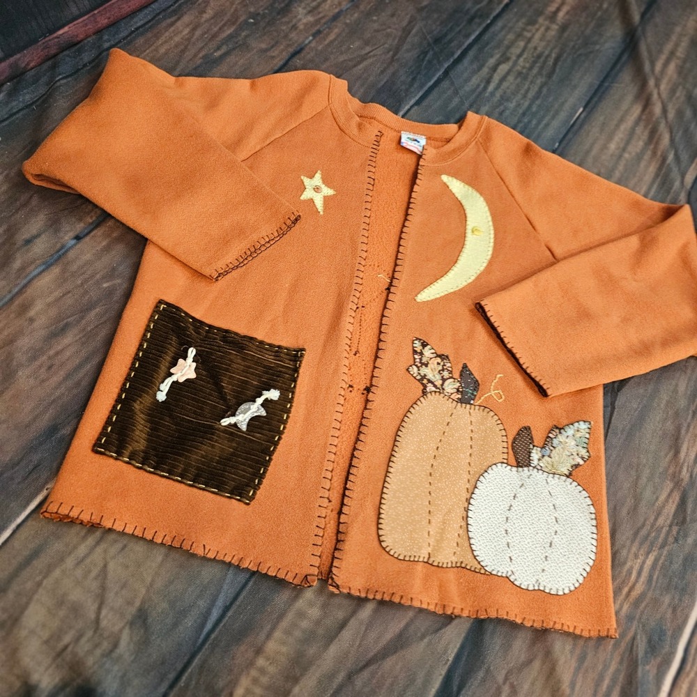 Vintage 1990s Handcrafted Pumpkin Patch Cardigan Sweatshirt Orange Folk Art Lg